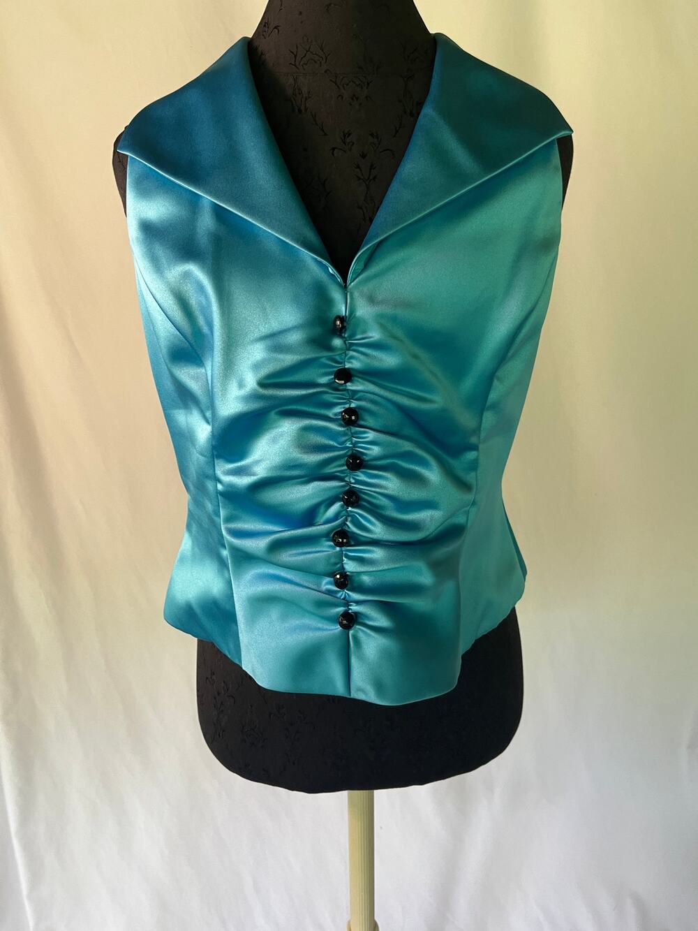 JS Collections Teal Satin Sleeveless Ruched Evening Top Shawl Collar Size 16